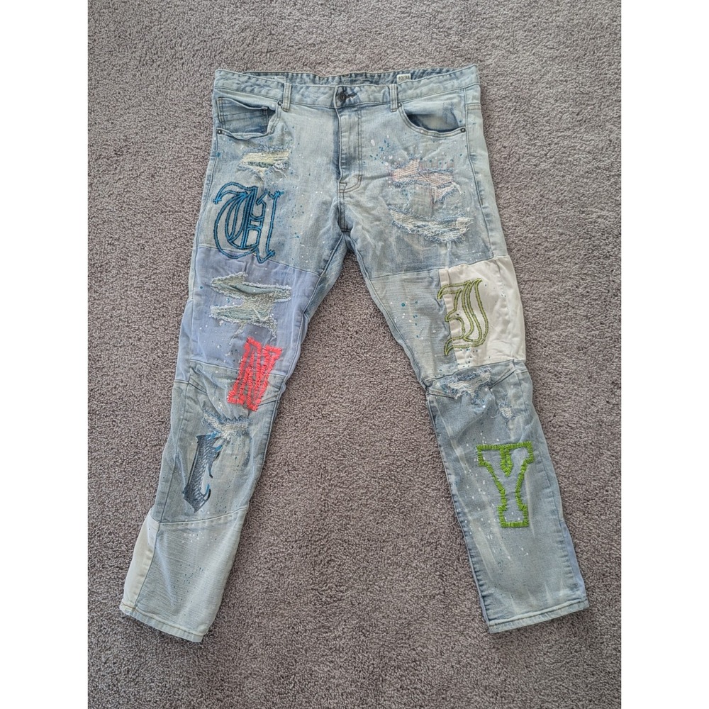 Smoke Rise Jeans Grunge Skater Punk Light Wash Embroidered Men's 40x32